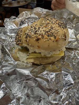 Plant Power breakfast sandwich on everything bagel  at Ithaca Bakery - Triphammer in Ithaca