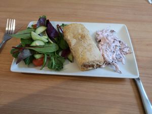 Vegan sausage roll, salad and vegan slaw at Crofters Cafe in Truro