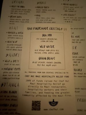 Maui fundraiser menu  at Wild Orange in Honolulu