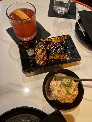 kimchi potato salad, musubi and cocktail  at Wild Orange in Honolulu