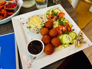 Falafel plate (ask for cheese to be left off if you order rice) at Cat Cafe in Vilnius