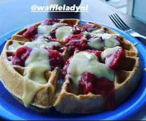 Vegan waffle with fruit and vegan custard. 😋  at The Waffle Lady in St Johns