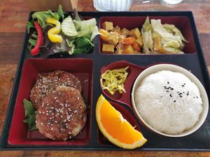 Bento box with tonkatsu at Kuan Yin Tea House in Southport