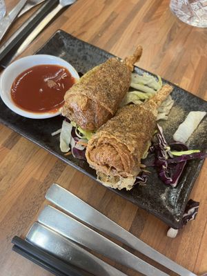 Yummy, crunchy chicken drum sticks! My only feedback is that we needed more! Delicious.  at Kuan Yin Tea House in Southport