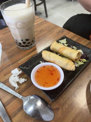 The milky bubble tea was so yummy and who can say no to spring rolls.  at Kuan Yin Tea House in Southport