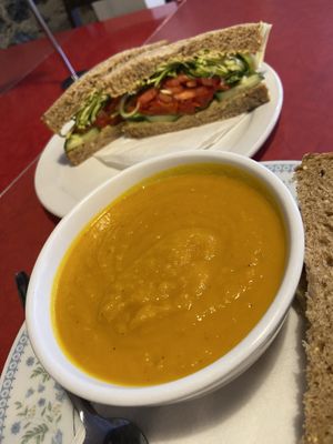 Hummus and veggie sandwich with their soup of the day with bread. This soup was a very cozy carrot ginger.  at Rocket Bakery Water Street in St Johns