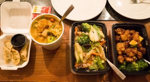 Veggie dumplings, potato curry, lo mein, general tso's chicken at Veggie House in Las Vegas