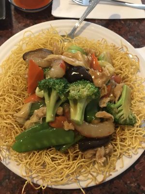 Pan fried noodles- crispy at first & then get soft from the sauce and  at Veggie House in Las Vegas