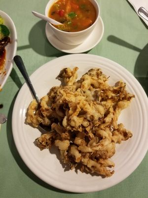 Oyster mushrooms in tapioca flour deep fried with lemongrass sauce! at Veggie House in Las Vegas