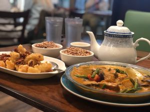 Walnut shrimp 🍤, fish potato curry 😍 at Veggie House in Las Vegas