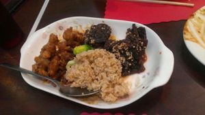 orange chcken , mongolian beef (veggimeat) brown rice at Veggie House in Las Vegas