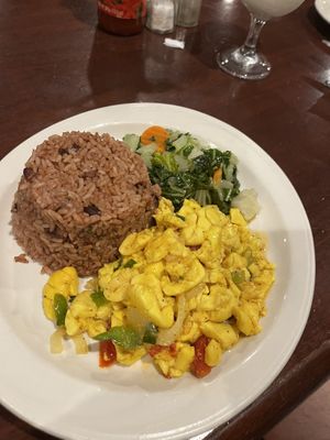 Virgin ackee with rice and peas and greens. #Veganuary at The Pelican Grill in Montego Bay
