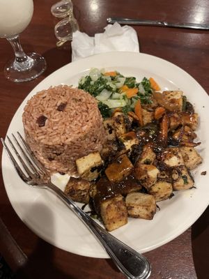 Jerk tofu, rice and peas  at The Pelican Grill in Montego Bay