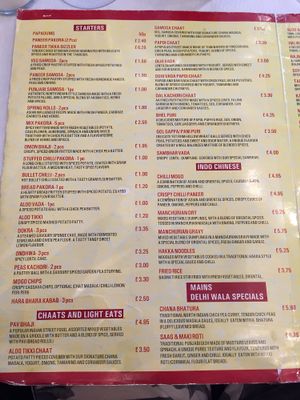 The menu at Delhi Wala in Whitton