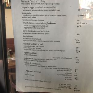 Breakfast menu at One Earth Cafe in Willoughby