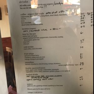 Drinks menu at One Earth Cafe in Willoughby