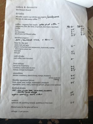 Drink menu at One Earth Cafe in Willoughby