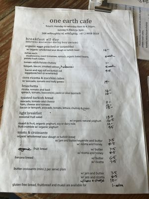Breakfast menu at One Earth Cafe in Willoughby