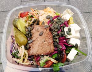 Daily salads + extra tasters (soy filet and feta) at Herbivore Vegan Deli in Bristol