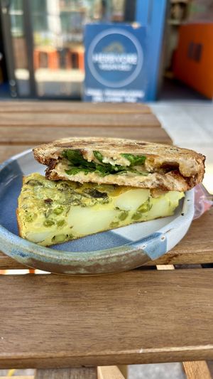 Spilt of frittata and toastie  at Herbivore Vegan Deli in Bristol