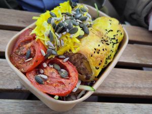 Sausage roll lunch box at Herbivore Vegan Deli in Bristol