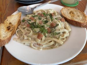 Fettuccine carbonara—scrumptious!  at Salvei in Playa Del Carmen
