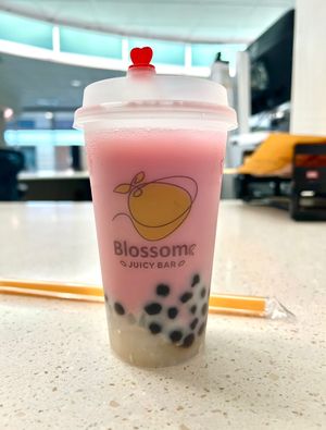 Sakura oat milk tea with regular boba and lychee jellies 😋   at Blossom Juicy Bar - Dayton Mall in Dayton