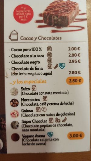 Bebidas con opción leche vegetal at Chocolat Puertollano in Puertollano