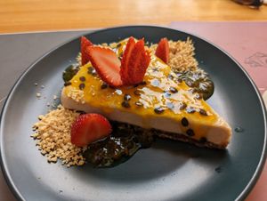 pineapple and passion fruit cheesecake at Flora Vegan Cafe in Tamarindo