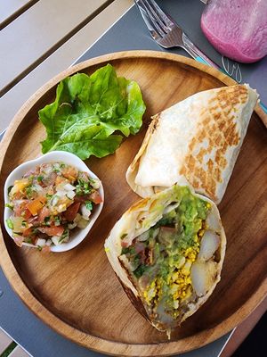 Breakfast burrito at Flora Vegan Cafe in Tamarindo