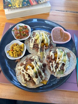 Tico Breakfast (maybe ask for a little less vegan mayo 🥴) at Flora Vegan Cafe in Tamarindo