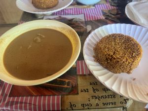 Groundnut soup with jolloff  at Assase Pa - The Earth is Good in Accra