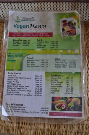 Menu for Asaase Pa.  Note that US$1 is approximately 2.4 cedis as of Jan. 2014.  Photo taken 30 Jan 2014. at Assase Pa - The Earth is Good in Accra