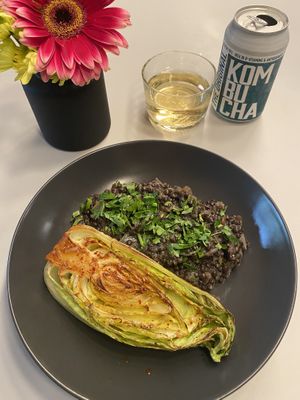 Beluga lentils and charred hispi   at Pulse in Edinburgh