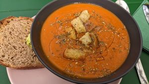 Tomato soup & bread with herb "butter" at Pulse in Edinburgh