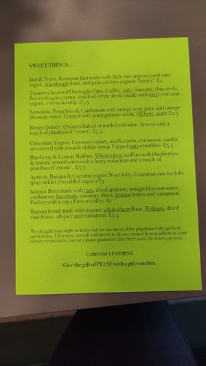 Menu at Pulse in Edinburgh