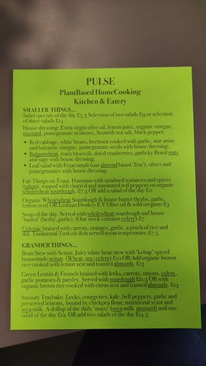 Menu at Pulse in Edinburgh