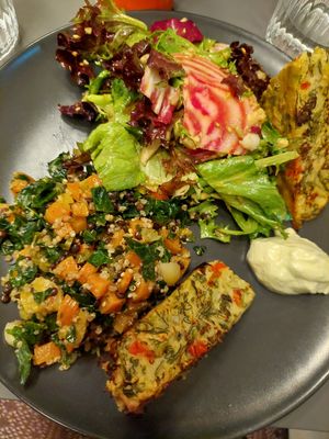 Tray bake and two different side-salads at Pulse in Edinburgh