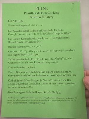 Drinks menu at Pulse in Edinburgh