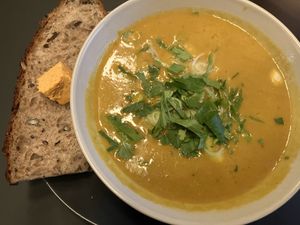 Soup of the day (dahl) w sourdough  at Pulse in Edinburgh
