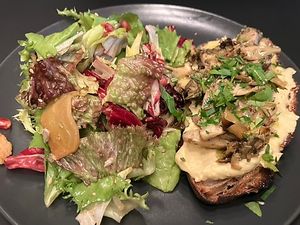 Hot things on toast w radicchio salad and homemade feta  at Pulse in Edinburgh