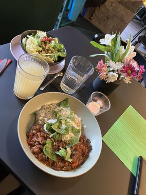 Aubergine, salad, lemon ginger hot drink  at Pulse in Edinburgh