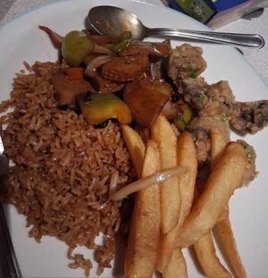 Deep fried mushrooms, salt and pepper chips, fried rice and mock chicken in black bean sauce at Fu Wok Chinese Takeaway  in Liverpool