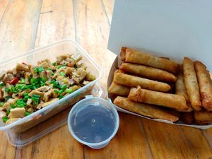 take out vegan sisig and veg shanghai rolls  at Lakshmi food House in Legazpi City