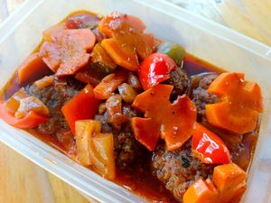 veggie balls in sweet and sour sauce with pineapple bits and carrots.  at Lakshmi food House in Legazpi City
