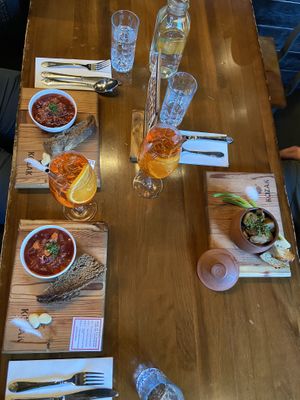 Borsch without sour cream and glechyk stew with mushrooms and potatoes in a clay pot  at Kozak Homemade Ukrainian Food in Vancouver