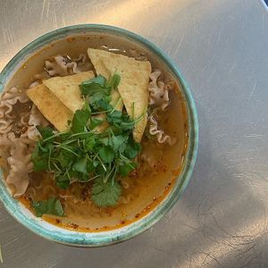Pho with funky Danish noodles, homemade chili oil, fried Swedish tofu & the legendary @eatcantin vegan soup base at Jazzed on Grains in Copenhagen