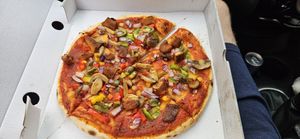 Vegan chicken pizza without cheese at Sardarjee in Leeds