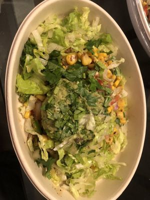 Lettuce ,Guac ,pico de gallo , corn , cilantro   at Guac Time in Hicksville