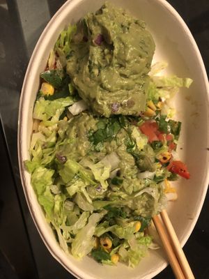 Lettuce ,Guac ,pico de gallo , corn , cilantro   at Guac Time in Hicksville